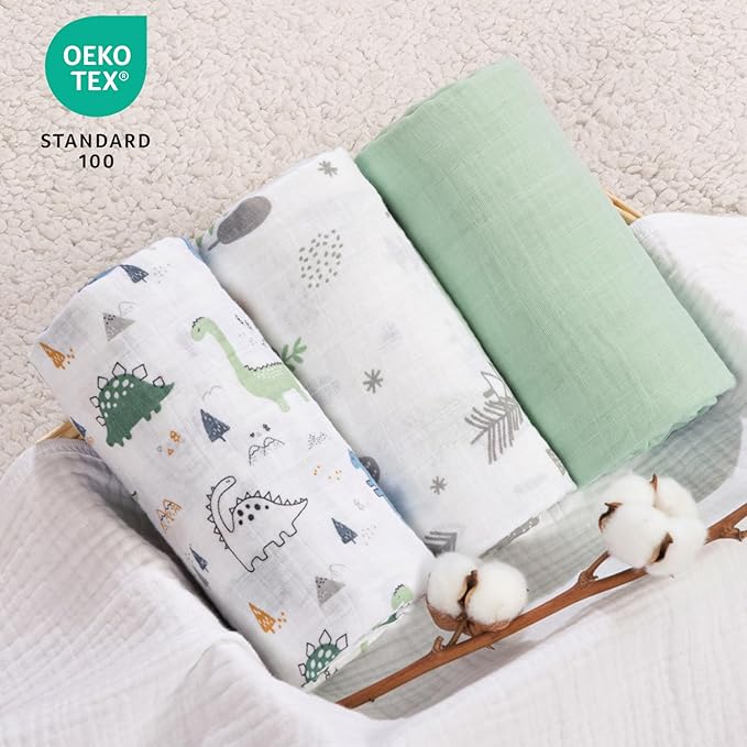 david's kids 3 Pack Baby Muslin Swaddle Blankets, 100% Cotton and Ultra Soft Breathable Receiving Blanket Wrap for Boys Girls, New Born Essentials, Large 47 x 47 inches, Dinosaur