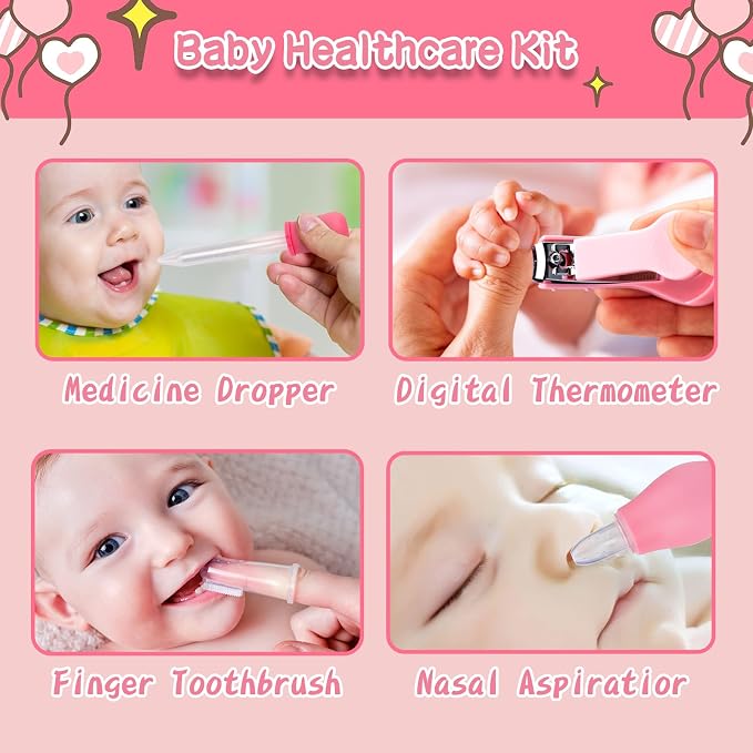 Baby Healthcare and Grooming Kit, 14 in 1 Baby Safety Set Newborn Nursery Health Care Set with Hair Brush Scale Nail Clippers for Baby Girls Boys (14 Kits Pink)