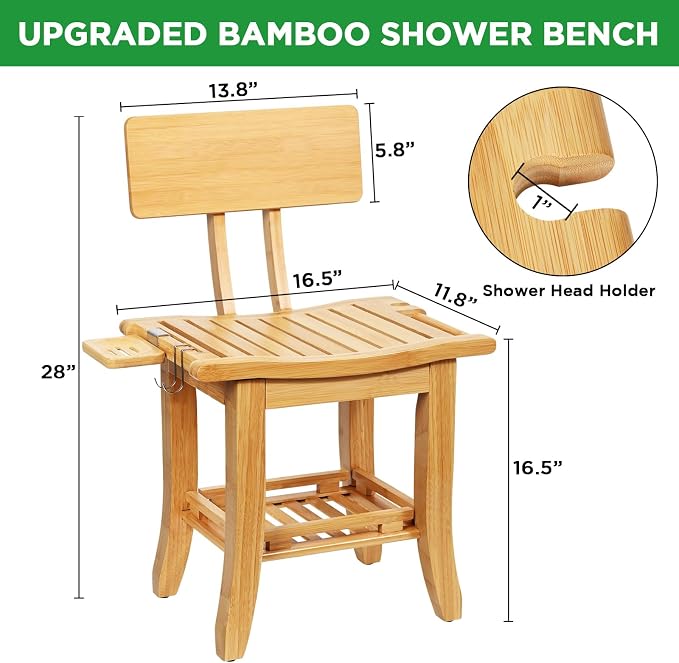 Two-Tier Bamboo Shower Chair for Inside Shower, Waterproof Baby Bath Seat with Storage Shelf, Soap Dish and Shower Head Holder, Shower Stool for Seniors Adults Disabled Pregnant(Natual)