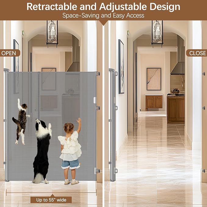 Reinforced 55" Extra Tall Dog Gates Indoor Cat Gate for Hallway - Prevents Jumping & Crawling Through, 55" Wide Retractable Gate, Mesh Pet Gates for Doorways Extra Tall Baby Gate for Cats, Gray