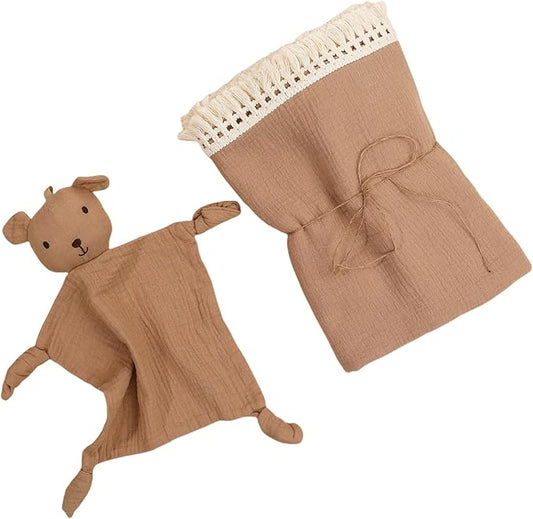 Cotton Muslin Baby Blanket with Tassel,Bear Lovey Security Blanket,Soft Breathable Nursery Decor,Nursing Cover for Newborn Infant Toddler 47"x47"(Coffee)