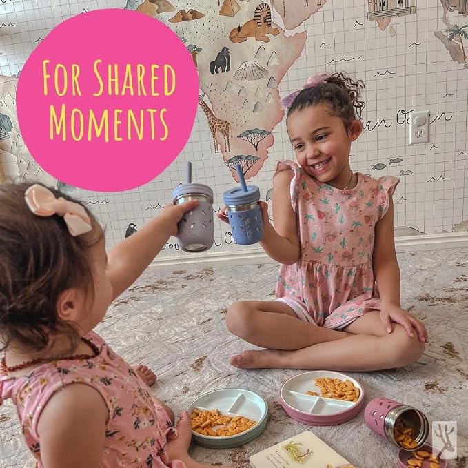 Elk and Friends Kids 7.8” Porcelain White Plates with Silicone Sleeves + Lids | Divided Plates | Suitable for Kids/Toddlers | Microwave & Dishwasher Safe | Non Slip | Snack Dishes…