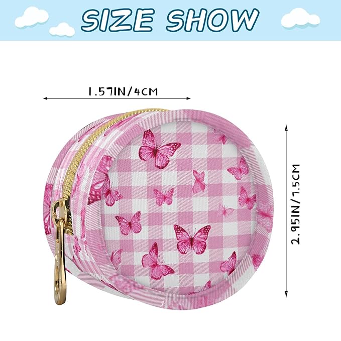Pacifier Holder with Clip Pacifier Case for Diaper Bag Round Baby Pacifier Pouch Box Bag Portable Checkered Pink and White Butterflies