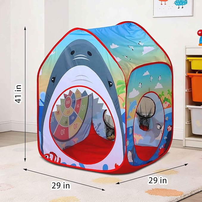 Shark Kid Play Tent Pop up Tent Play Tunnel Indoor and Outdoor Playhouse for Kid Beanbag Toss Game for Team Competition for boy with Tote Bag（Shark）