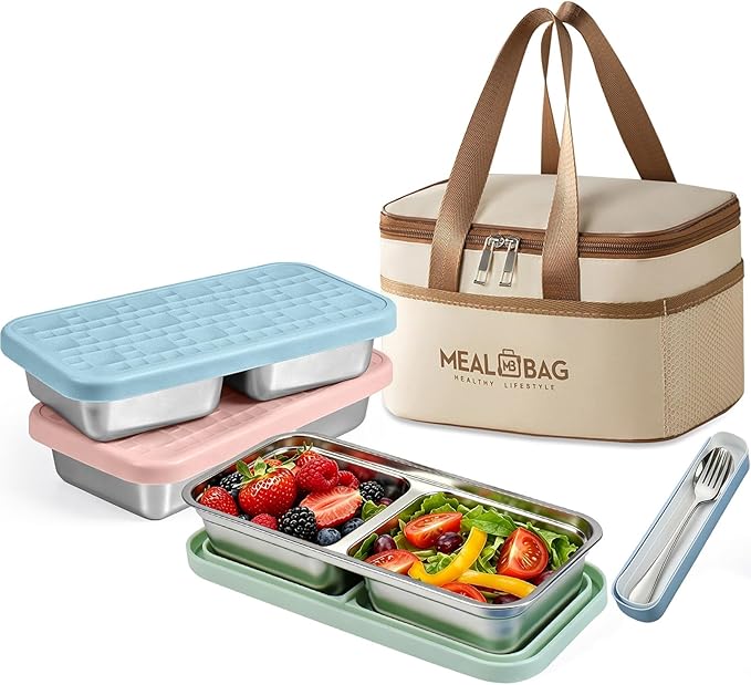 3 Pack 15 oz Stainless Steel Snack Containers for Kids | Metal Snack Box with Silicone Lids,2 Compartment Stackable Toddler Lunch Containers with Insulated Bag for School Travel