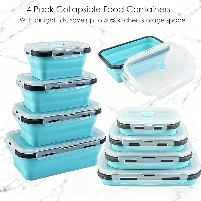 Collapsible Silicone Food Storage Containers: 4Pcs Reusable Foldable Snack Container with Airtight Lids, Freezer Microwave Safe Leakproof Food Containers for Kitchen Office Camping Picnic