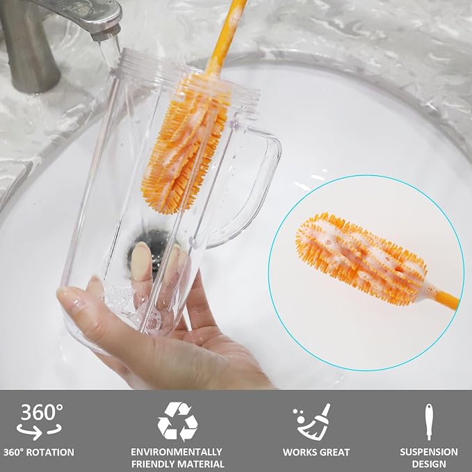 15.7" Silicone Bottle Brush, ddLUCK Water Bottle Cleaner Brush for Stanley, Hydroflasks, Glass, Thermos Sports Bottle, Vase and Glassware, Bottle Brush Cleaner for Narrow Neck Containers (Orange)