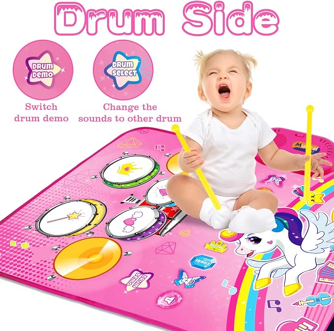 Toys for 1 Year Old Girl Gifts: Baby Music Mat Toddler Toys Age 1-2 - 3 in 1 Piano Drum Animal Touch Unicorn Toy - Infant Musical Toy 12-18 Months Babies Birthday Easter Gifts for 1 2 3 Year Old Girls