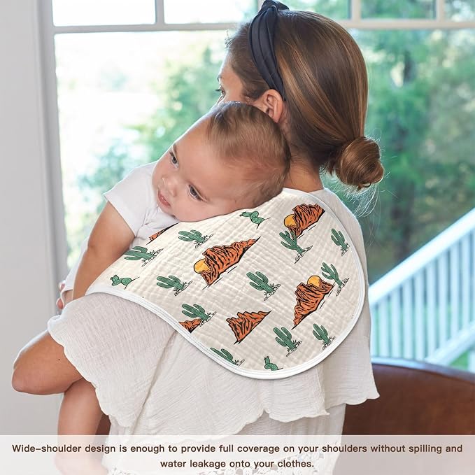 Western Cactus Muslin Burp Cloths for Baby Boys and Girls - 2-Pack Ultra Absorbent Muslin Washcloths, Newborn Towel, Milk Spit Up Rags, Burp Cloth Bibs, 22 x 11 Inch