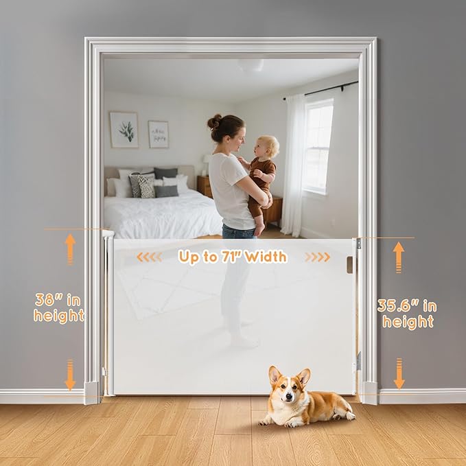 Retractable Baby Gate, 38" Extra Tall Mesh Dog Gate with Auto-Tension Design, 71" Wide One-Hand Operation Doorway Gates for Pets & Babies, No Bottom Rail Gate for Hallways, White