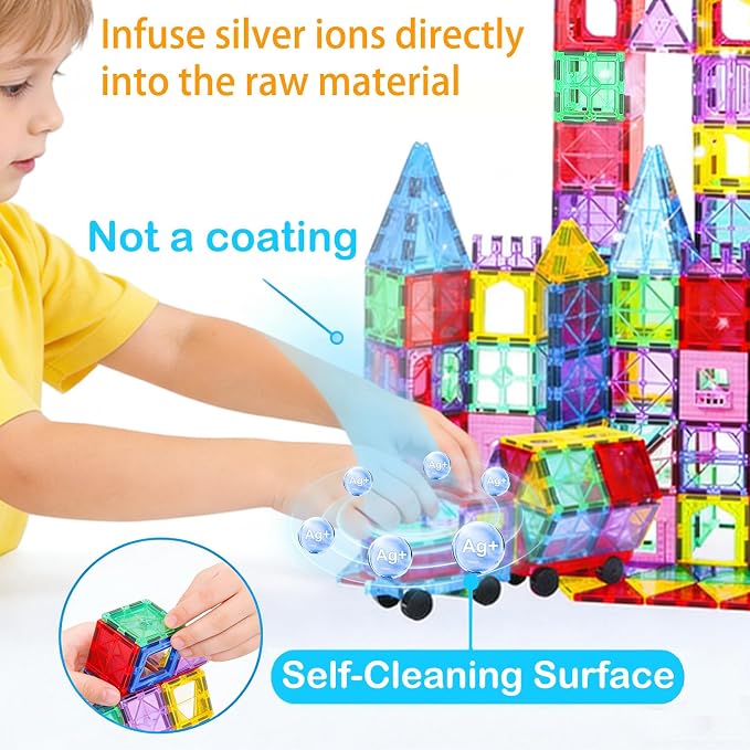 Upgraded Antibacterial Magnetic Tiles 142PCS with 2 Cars, Built-in Antibacterial Protection, Inhibits Bacterial Growth for Healthier Play, STEM Educational Building Blocks for Kids Aged 3+