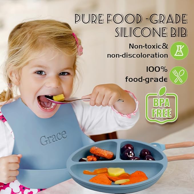 Personalized Silicone Suction Plates for Baby，Custom Toddlers Spoon and Fork, Baby Feeding Set with Name,Baby Birthday Gift for Boy & Girl (Grey placemat)