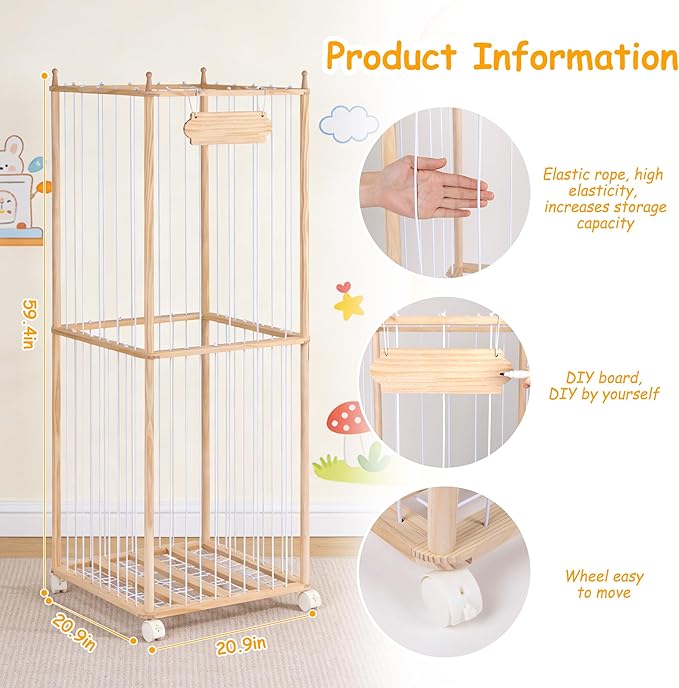 TANONE Stuffed Animal Toy Storage - Wooden Large Organizer Holder for Kids' Room and Playroom - Plush Zoo Animals Holder with Elastic Cords & Brake Wheel for Toddler Bedroom Toys Stuff Organization