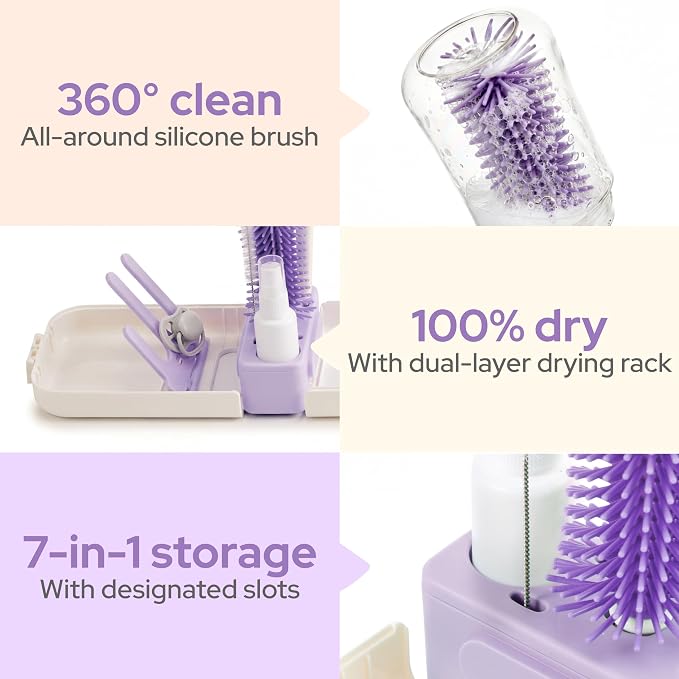 lalalark 7-in-1 Baby Bottle Brush Set, BPA Free Silicone Baby Bottle Cleaning Kit with No Scratch Dual-Headed Brush, Nipple Brushes,Soap Dispenser & Drying Rack,Travel Cleaner with Storage Case,Purple