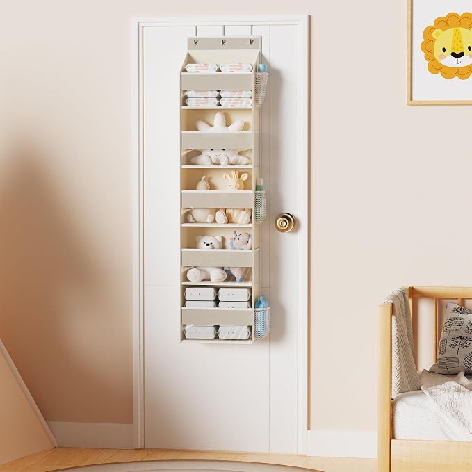 MAX Houser 5-Shelf Over The Door Hanging Organizer with 3 Metal Hooks, 5 Pocket Swing-Proof Behind Door Organizers with Clear Windows for Nursery Bathroom Closet,Dorm,Baby Diapers (Beige)