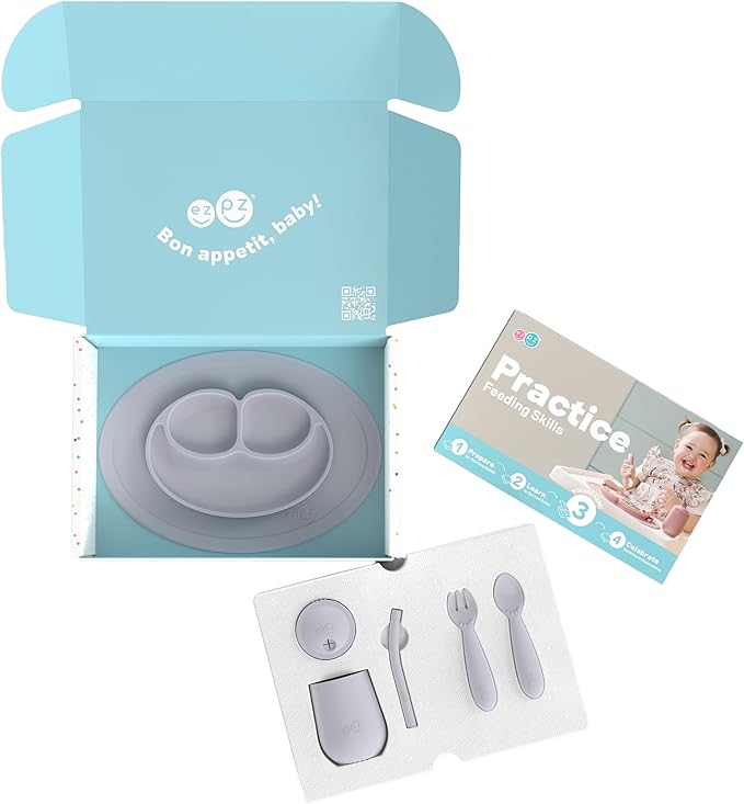 ezpz Kit 3: Practice Feeding Skills (Pewter) - Tools to Help Your Toddler Practice Scooping, Piercing, Straw Drinking, and Self-Feeding - Toddler Essentials & Gifts