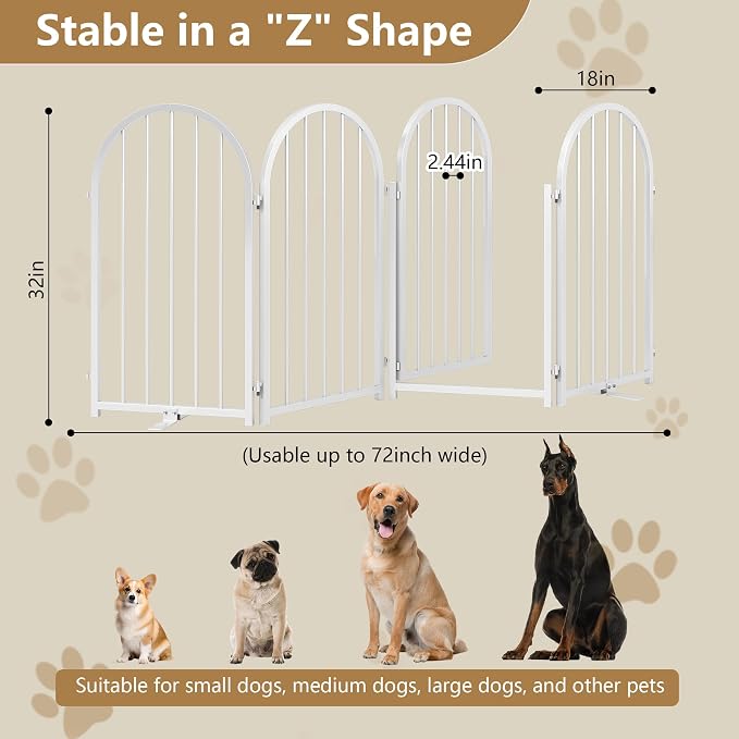 PUPETPO Full Metal Dog Gate with Door for Indoor Outdoor, 32" Tall Free Standing Pet Dog Fence, 72" Extra Wide Pet Gates for Stairs, Hallways, Doorways, Kitchen, Decks, Yards (White, 4 Panels)