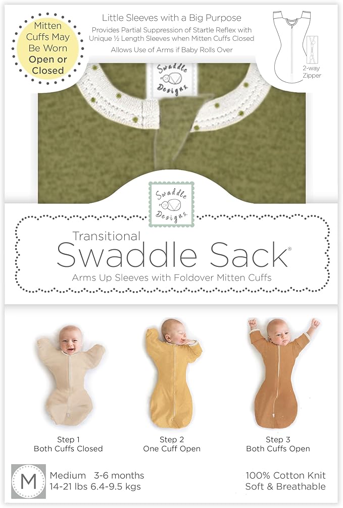 SwaddleDesigns Transitional Swaddle Sack, Arms Up Half-Length Sleeve Mitten Cuff, Most Gradual Transition Swaddle for Newborn