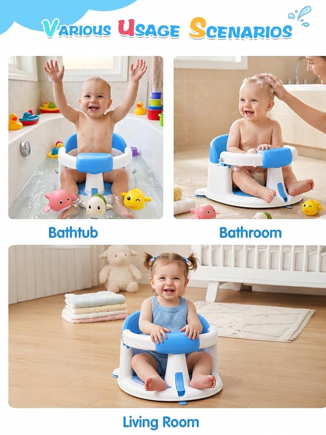 Baby Bath Seat for Babies 6 Months & up with Suction Cups, Non-Slip Infant Bath Chair, Ergonomic Baby Bathtub Seats for Babies Sitting Up, BPA-Free Toddler Bath Seat, Easy-Release Pull Tab, Blue