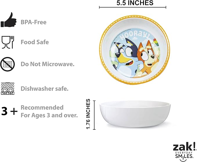 Zak Designs 5-Piece Dinnerware Set, Bluey - Durable Plastic & Stainless Steel - Includes Tumbler, 8-Inch Plate, 6-Inch Bowl, Fork & Spoon - Suitable for Kids Ages 3+