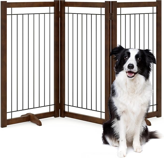 Acovy Wire Dog Gate Solid Wood Frame, Anti-Chewing, 3-Panel, 36" Height, 60" Width, Indoor Freestanding Pet Gate Foldable Wooden Dog Fences for Stairs, House, Doorway, Walnut Color