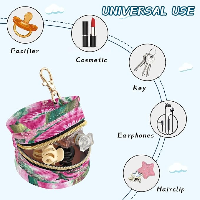 Pacifier Holder with Clip Pacifier Case for Diaper Bag Round Baby Pacifier Pouch Box Bag Portable Tie Dye Dinosaur Pink Green
