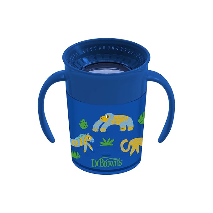 Dr. Brown's Milestones Cheers 360 Spoutless Transition Cup with Handles, Travel Friendly and Leak Free Sippy for Babies and Toddlers, Blue Animal Safari, BPA Free, 7 oz/200 mL, 6m+, Value Pack