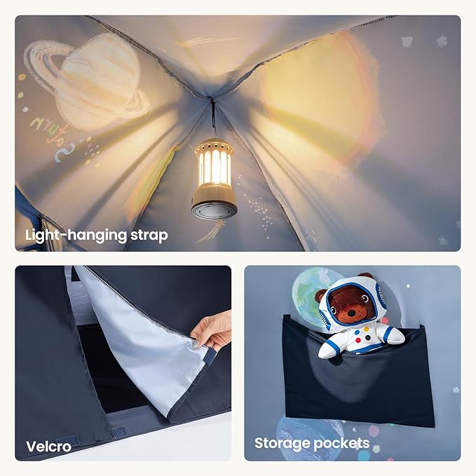 Tiny Land Space Galaxy Bed Tent for Kids ??Sleep Bed Canopy with 9 Planets Design, Easy-to-Install Indoor Kids Play Tent, Imaginative Playhouse, Ideal Gift for Boys & Girls ??77" x 40" x 46"