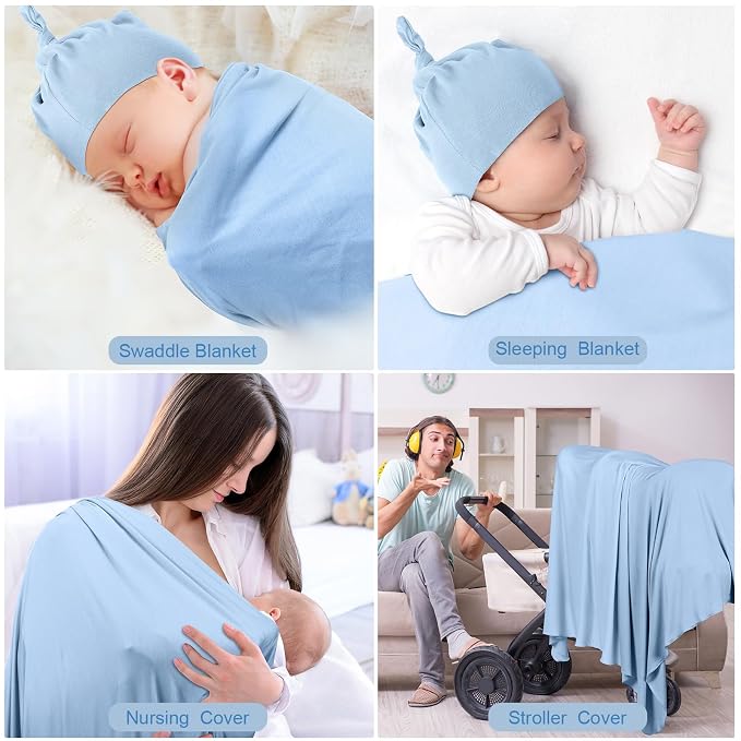 JaGely 2 Pcs Stretchy Baby Swaddle Blankets Set with Hats Extra Soft 47" x 47" Newborn Nursery Swaddle Wrap for Baby Girls and Boys(Light Gray, Light Blue)