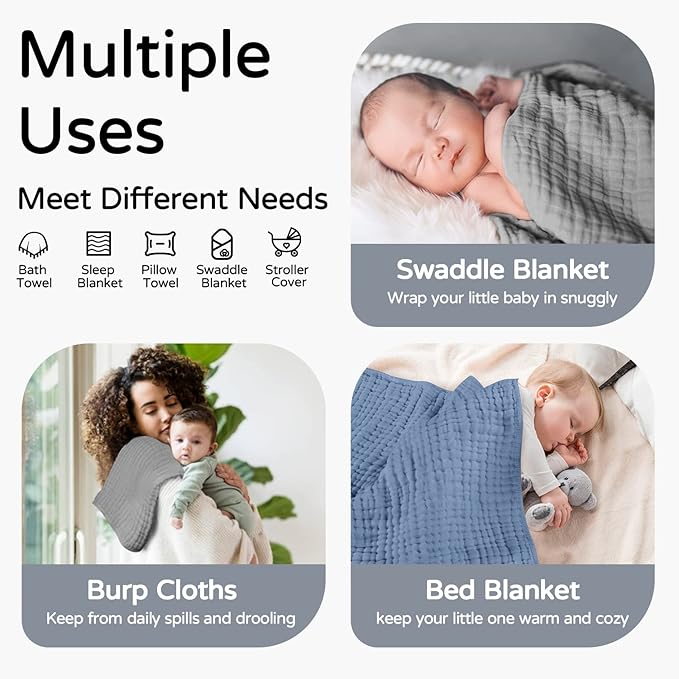 Yoofoss Hooded Baby Towels for Newborn 2 Pack 100% Muslin Organic Cotton Baby Bath Towel with Hood for Babies, Infant, Toddler and Kids, 32x32Inch, Soft and Absorbent Newborn Essential,Grey& Dark Blue