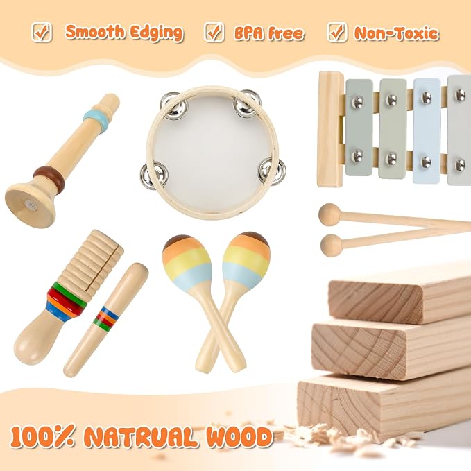 Baby Musical Instruments-Montessori Wooden Toys for Toddlers 1-3 Neutral Colors Percussion Instruments Set with Modern Boho Xylophone for Kids Preschool Educational,Includes Storage Bag
