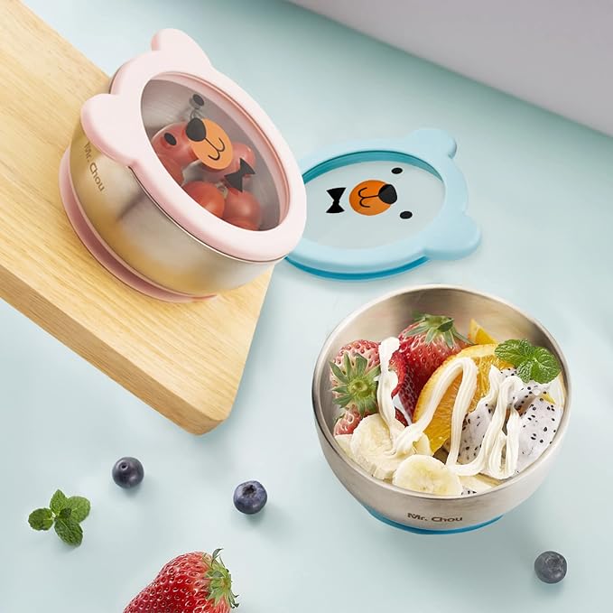 MR. CHOU Food-Grade Stainless Steel Baby Bowls with Leakproof Tempered Glass Lid, First Stage Baby Led Weaning Supplies for Boys & Girls, Silicone Suction Bowls for Baby Feeding (Pink)