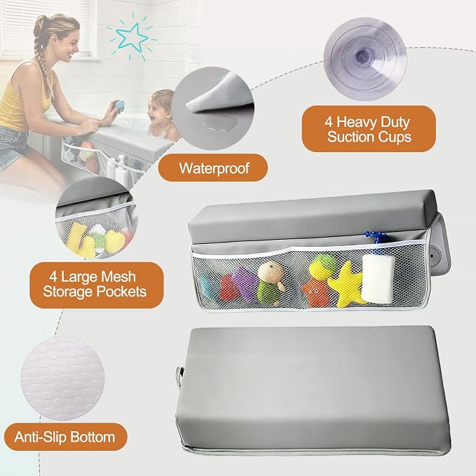 Baby Waterproof Vegan Leather Bath Kneeler and Elbow Rest Pad Set | Thickened Non-Slip Memory Foam Knee & Arm Support Bathtub Mat with Toy Organizer for Infant Toddler Bathing