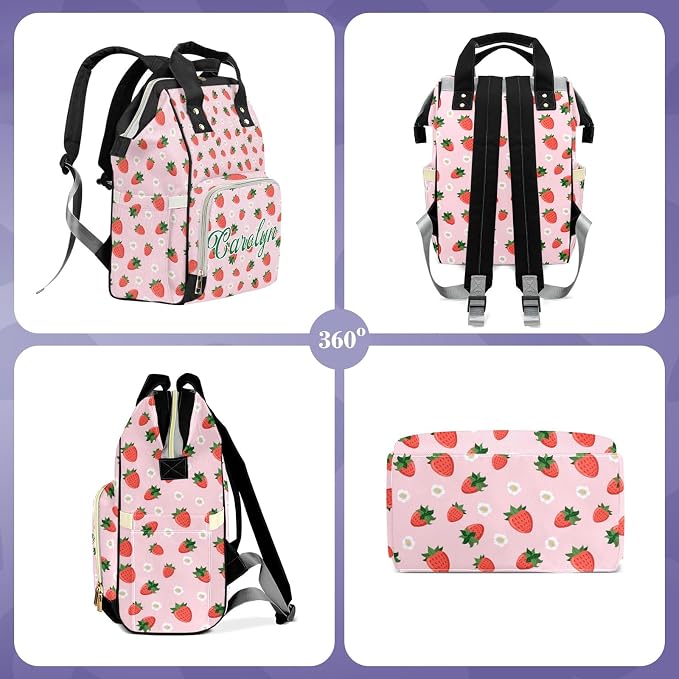 Custom Diaper Bag with Name Personalized Multifunctional Mommy Backpack for Shoulders Outdoor Backpack for Newborn Baby Thermal Pockets Nursing Bags （Strawberry 1）