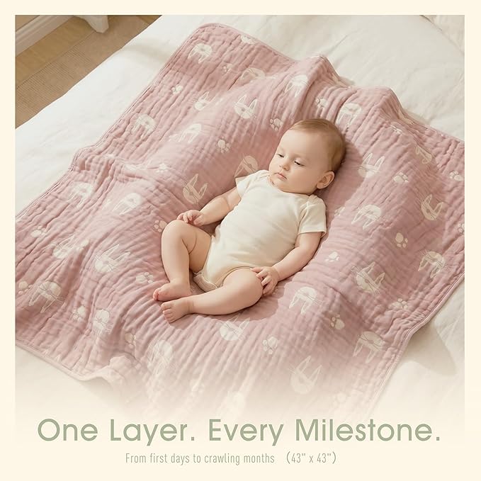 6-Layer Muslin Baby Blanket Made with Organic Cotton - Cute Bunny Rabbit Jacquard Swaddle & Crib Quilt, 43”x 43”,Blush Pink Bunny
