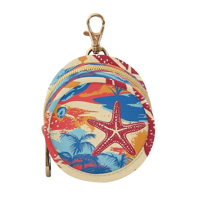 Pacifier Holder with Clip Pacifier Case for Diaper Bag Round Baby Pacifier Pouch Box Bag Portable Bright Summer Beach Starfish and Palm Tree