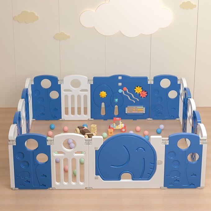 LulliSpace Baby Playpen,for Kids and Toddlers,Kids Activity Centre Safety Play Yard,Indoor&Outdoor Pattern Baby Fence with Game Panel, Safety Lock, Non-Slip Bases, Adjustable Shape,18 Panels