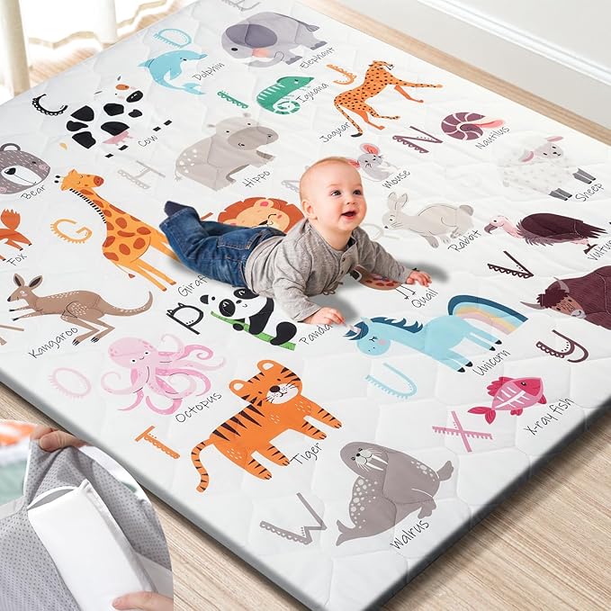 TINYHARBO Premium Foam Baby Play Mat 59" x 59" ??Removable & Machine Washable Cover, Extra Thick Padding Playpen Mat, Non-Slip Crawling Mat, Easy to Clean for Infants, Toddlers & Babies