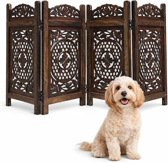 Pet Gate Indoor Foldable in Raise Wood-4 Panel Dog Safety Gate, 56" W x 28" H, Hand-Carved Solid Wood & MDF,Free Standing Portable Indoor Gate for Doorways,Halls, Stairs-Fully Assembled,Burnt
