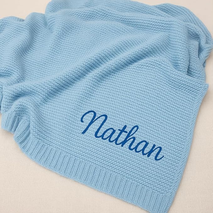 Personalized Baby Knit Blanket Custom Embroidered Cotton Blanket for Newborns Nursery Essentials Stroller Cover, Holiday, Thoughtful Keepsake for New Parents.