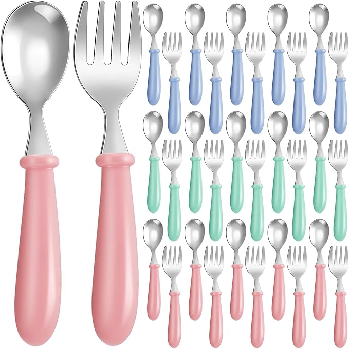 Dandat 48 Pcs Toddler Utensils Kids Silverware Set Stainless Steel Baby Forks and Spoons Toddler Safe Flatware Metal Kids Cutlery with Round Thick Grip Handles for Self Feeding, Dishwasher Safe