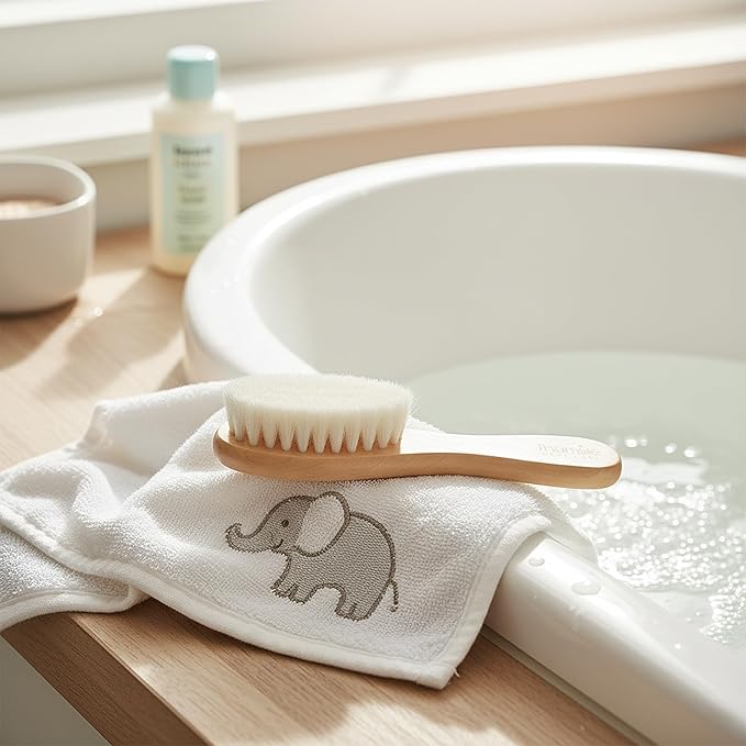 Baby Hair Brush by Thumble Baby Care | Gentle Goat Bristle Cradle Cap Scalp Massager | Set for Newborns, Infants & Toddlers | Natural Wooden Alternative | Plastic-Free
