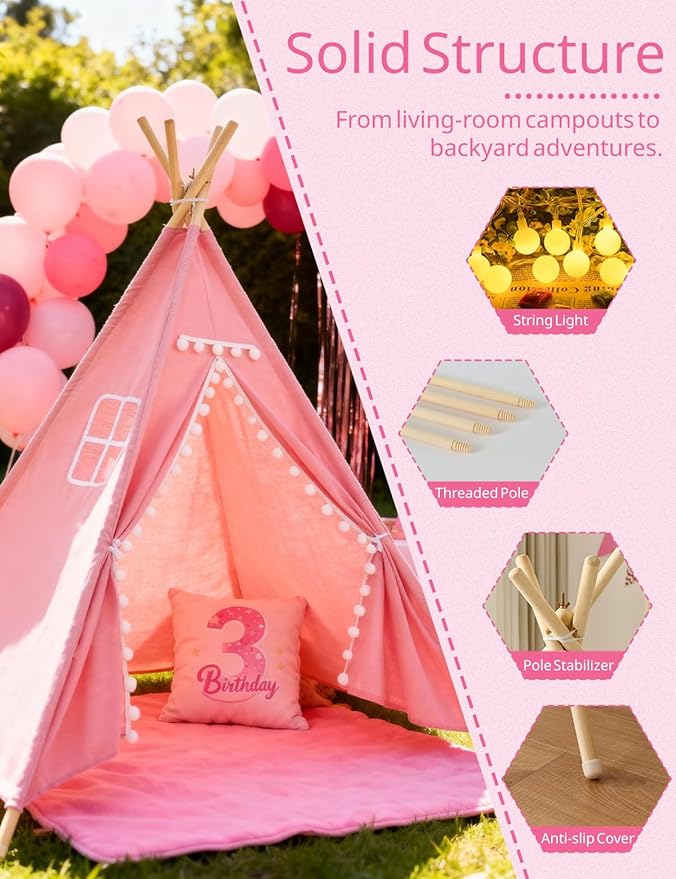 2 Pack Teepee Tent for Kids, Children Play Tents for Girls & Boys Slumber Party, Cotton Canvas Playhouse Sleepover Tent with Pompom & Lights
