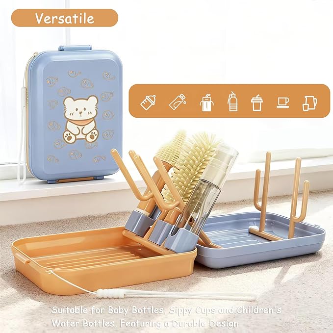 7-in-1 Travel Baby Bottle Brush Set, Silicone Cleaning Kit with Nipple & Straw Brush, Portable Storage Box -Baby Essentials for Home&Travel (Pomelo Orange)