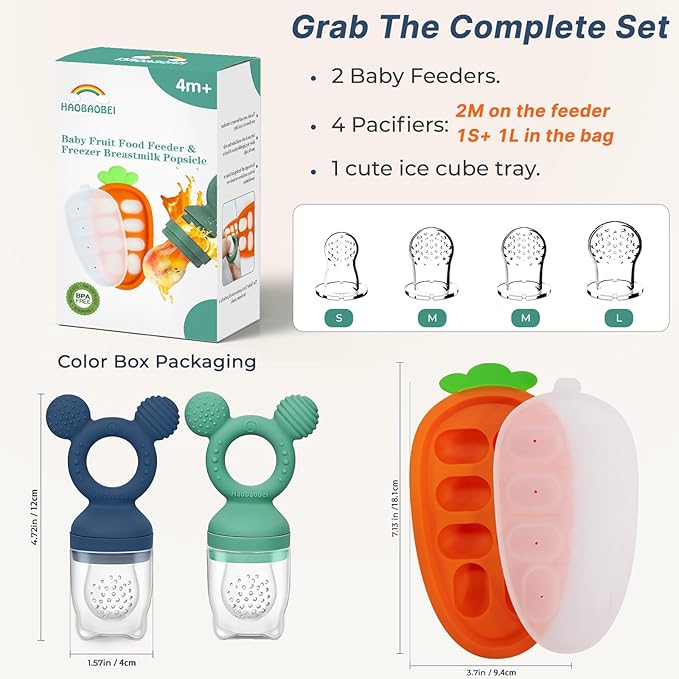 Baby Fruit Feeder 2 Pack with Freezer Tray, 4 Silicone Pouches in 3 Sizes, Breastmilk Popsicle Mold, Food Feeder Pacifier and Silicone Teether for Teething Relief, 4+ Months