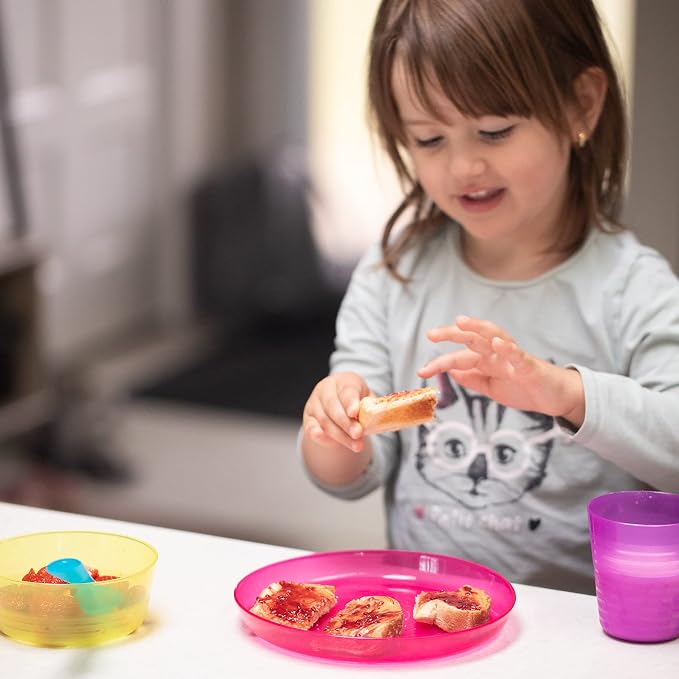 Kids Plastic Dinnerware Set of 72 Multi Color Pieces (Plates, Bowls, Cups and Flatware) - Reusable, BPA-Free, Dishwasher Safe and Microwaveable