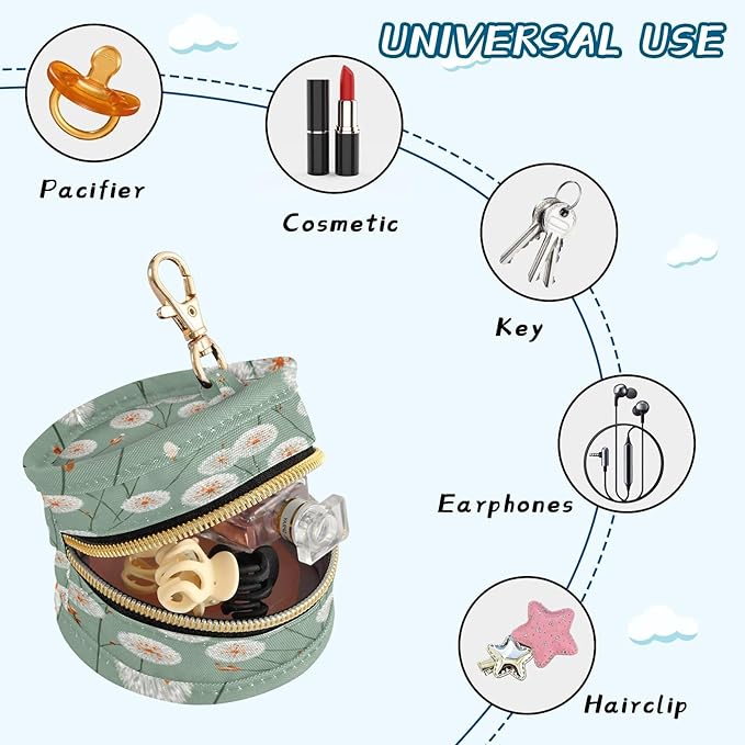 Pacifier Holder with Clip Pacifier Case for Diaper Bag Round Baby Pacifier Pouch Box Bag Portable Sage Green Minimalist Dandelion