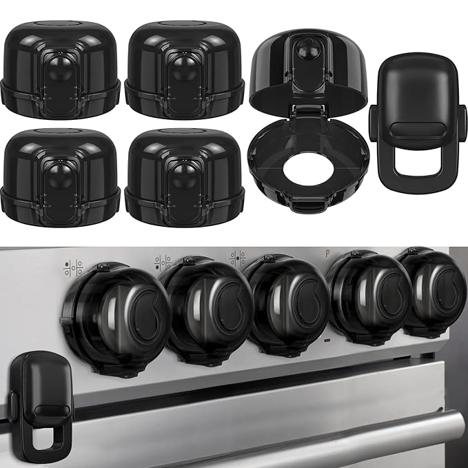 Stove Knob Safety Covers for Child (5 + 1 Pack), Upgraded Universal Size Press Gas Stove Knob Covers with Adhesive, Heat-Resistant Childproof Oven Locks for Kids and Pets (Black)
