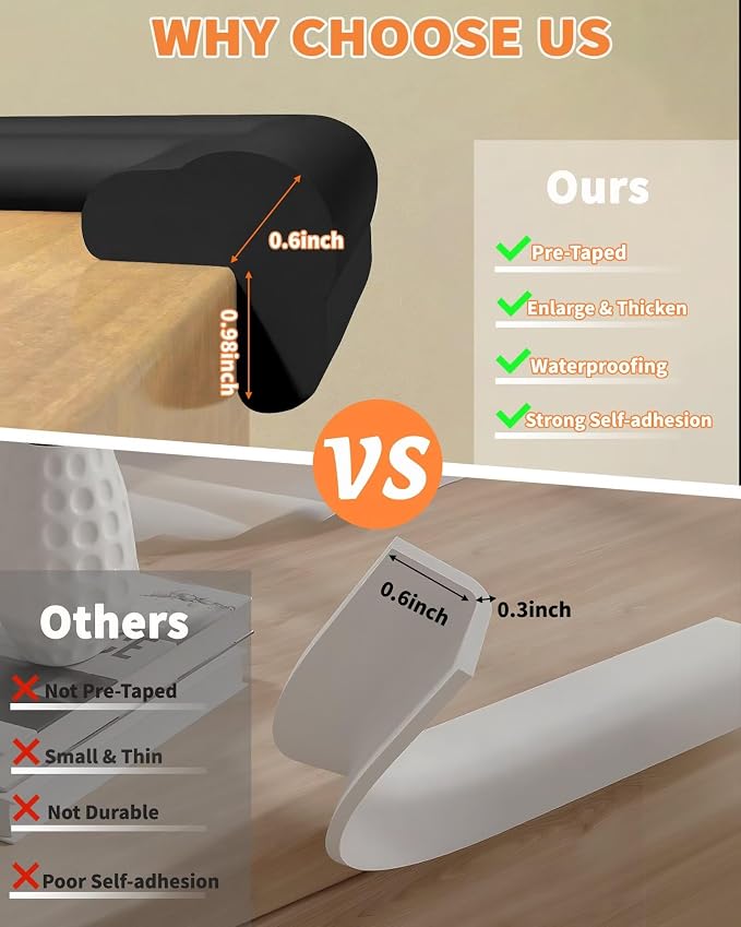 Edge Corner Protector Baby Proofing, 6.56FT 0.6'' Thicken L-Shape Furniture Fireplace Safety Bumper Guard with 6 Corners, Pre-Taped, Soft NBR Rubber Foam, Table Edge Protector for Baby (Black)