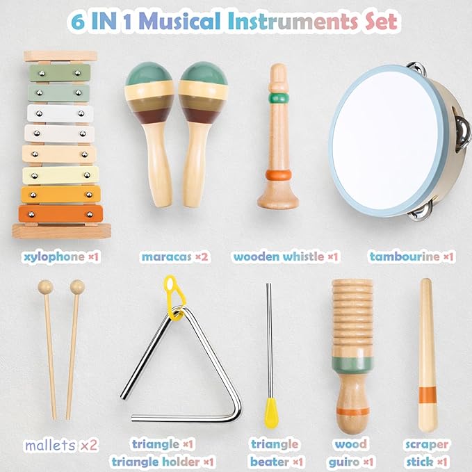 Wooden Musical Instruments Set for Toddlers 1??, Montessori Music Toys with Xylophone, Maracas & Tambourine, Soft Sound Indoor Percussion Toys, Early Learning Gift for Boys Girls